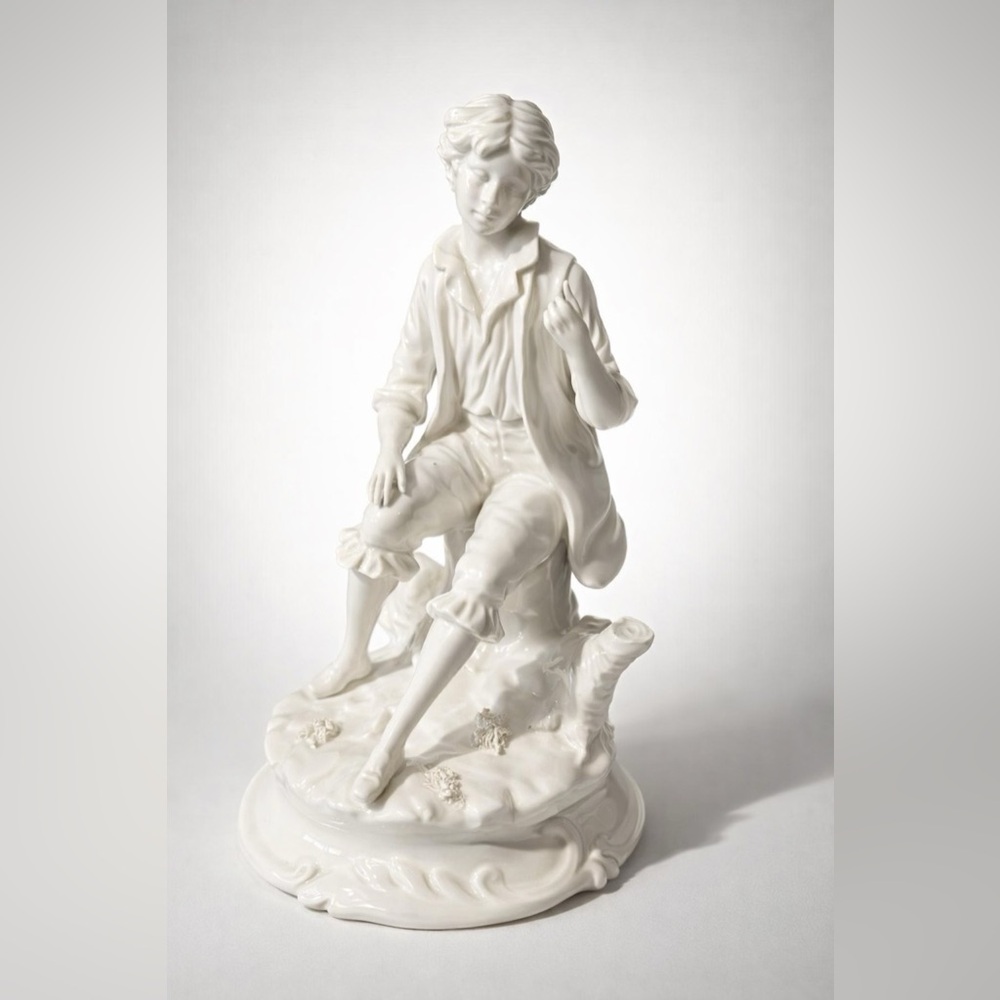 Vintage White Porcelain Figurine Seated Boy Statue - Made in Italy